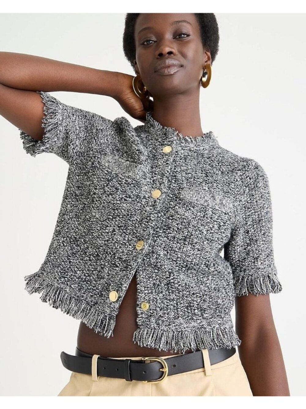 J. Crew Fringe Hem Black & White Short-Sleeve Button-Up Tweed Cropped Cardigan M